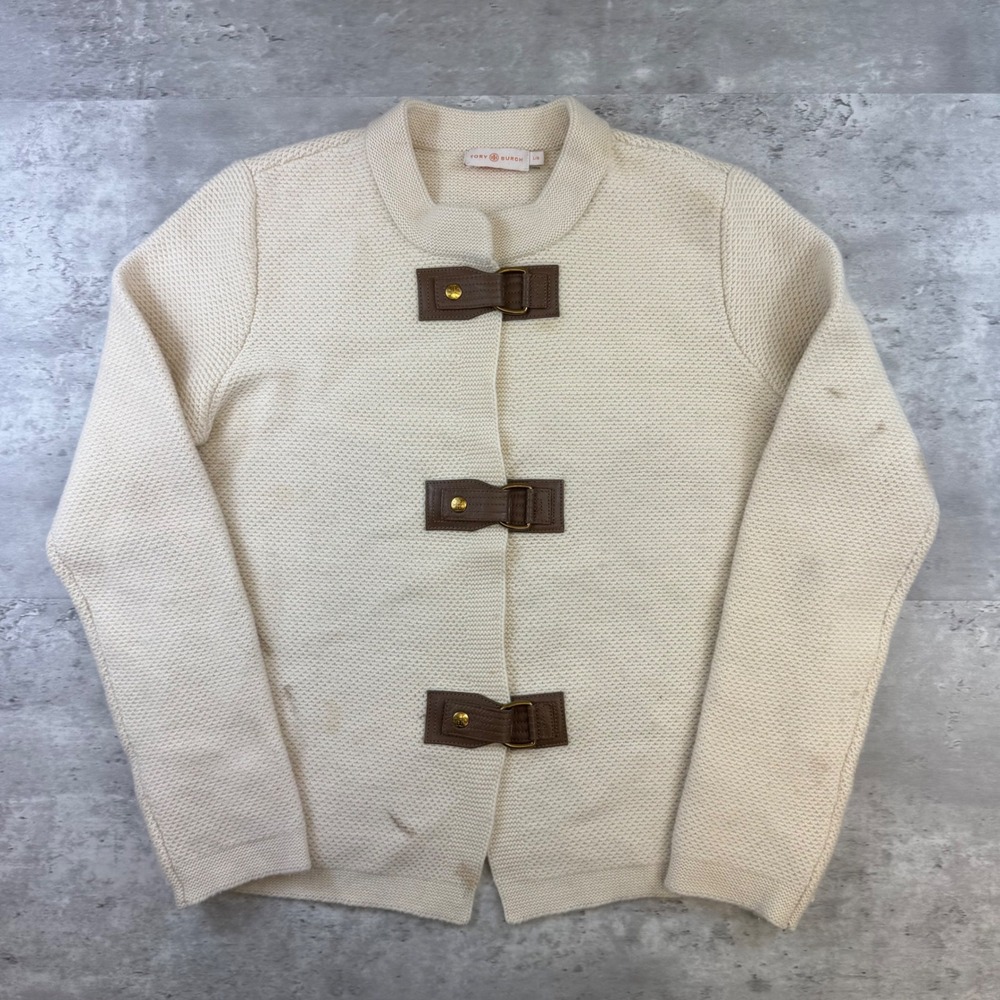 Tory Burch Cream Knit Cardigan Leather Toggle Closure Gold Hardware Size Large